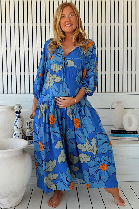 JAASE - Loretta Maxi Dress: Yoke Bodice Tiered Dress with Lace Spliced Balloon Sleeves in Blue Bell Print