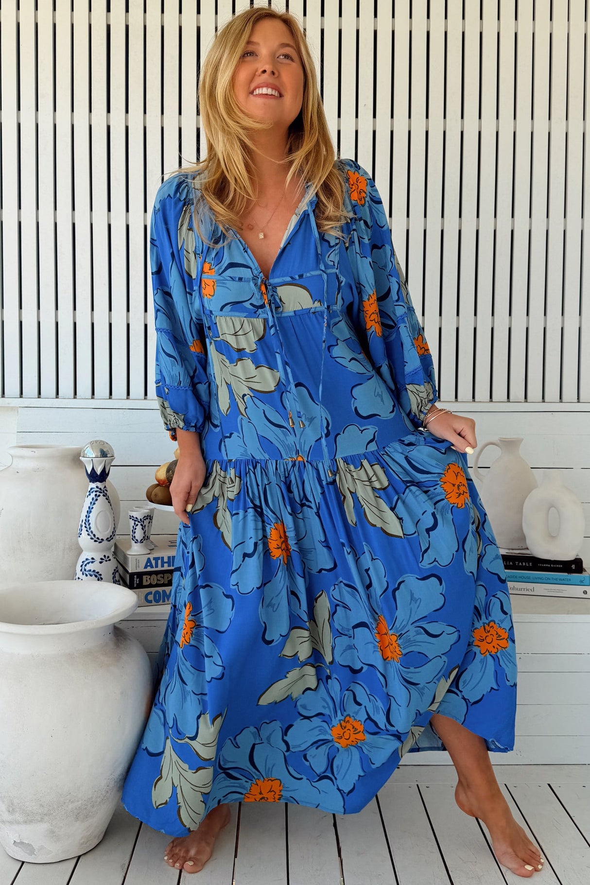 JAASE - Loretta Maxi Dress: Yoke Bodice Tiered Dress with Lace Spliced Balloon Sleeves in Blue Bell Print