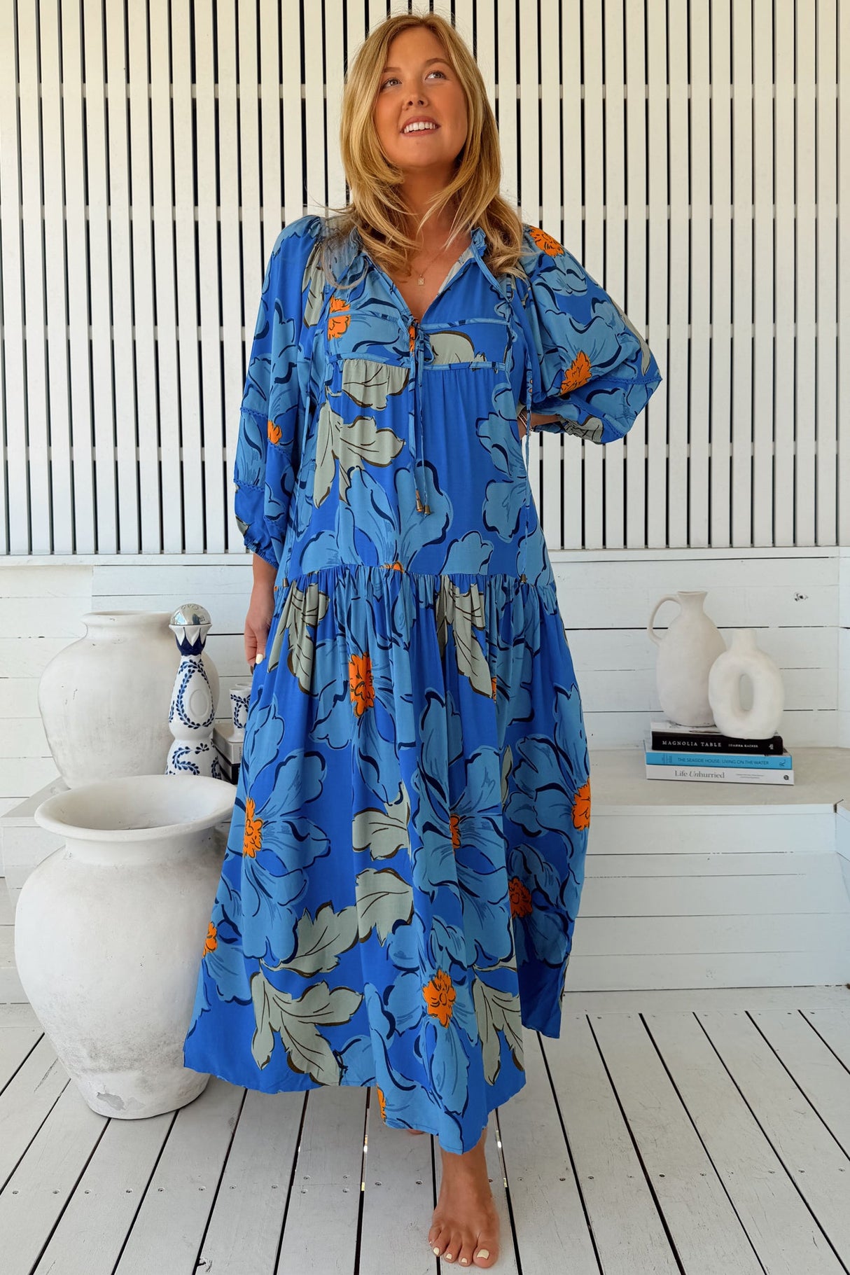 JAASE - Loretta Maxi Dress: Yoke Bodice Tiered Dress with Lace Spliced Balloon Sleeves in Blue Bell Print