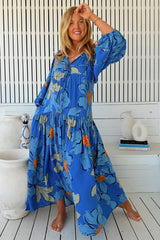 JAASE - Loretta Maxi Dress: Yoke Bodice Tiered Dress with Lace Spliced Balloon Sleeves in Blue Bell Print
