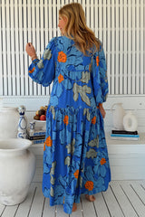 JAASE - Loretta Maxi Dress: Yoke Bodice Tiered Dress with Lace Spliced Balloon Sleeves in Blue Bell Print