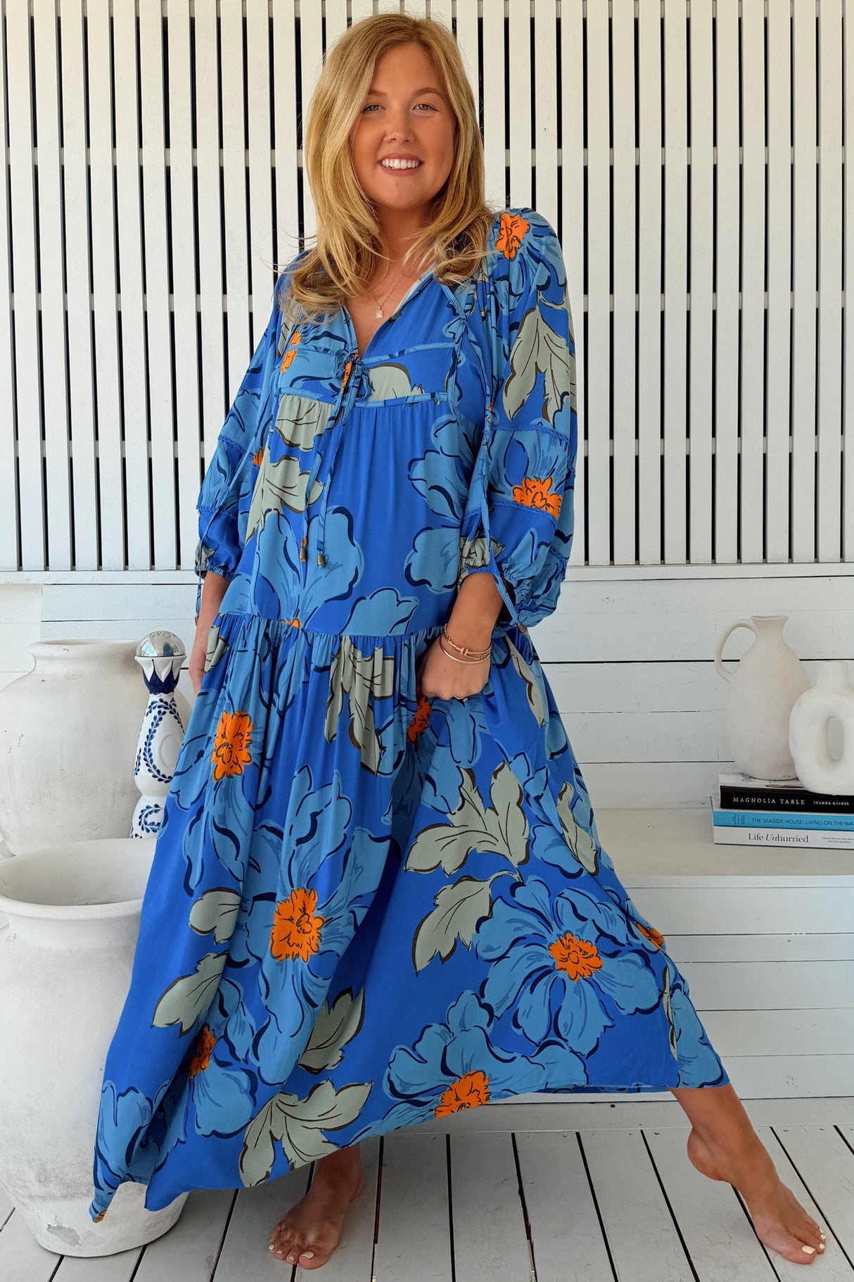 JAASE - Loretta Maxi Dress: Yoke Bodice Tiered Dress with Lace Spliced Balloon Sleeves in Blue Bell Print