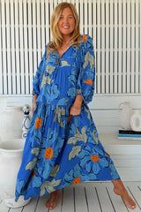JAASE - Loretta Maxi Dress: Yoke Bodice Tiered Dress with Lace Spliced Balloon Sleeves in Blue Bell Print