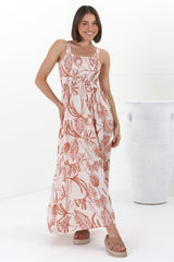 Loretta Maxi Dress - Elasticated Bodice Sun Dress in Havanna Print Cream