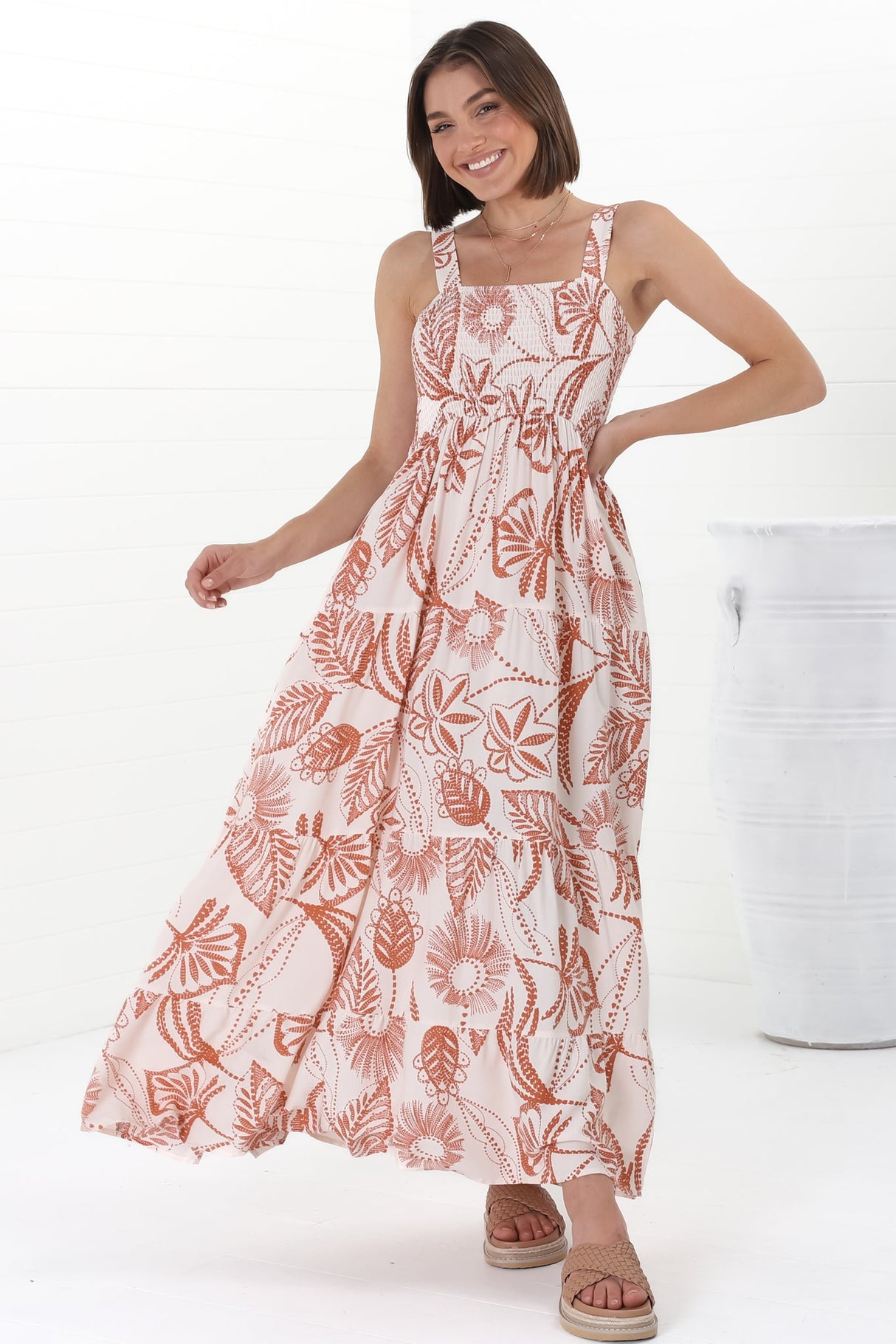 Loretta Maxi Dress - Elasticated Bodice Sun Dress in Havanna Print Cream