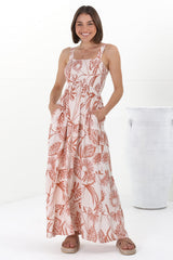 Loretta Maxi Dress - Elasticated Bodice Sun Dress in Havanna Print Cream