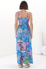 Loretta Maxi Dress - Elasticated Bodice Sun Dress in Kaleah Print Blue