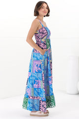 Loretta Maxi Dress - Elasticated Bodice Sun Dress in Kaleah Print Blue