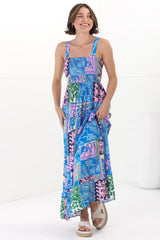 Loretta Maxi Dress - Elasticated Bodice Sun Dress in Kaleah Print Blue