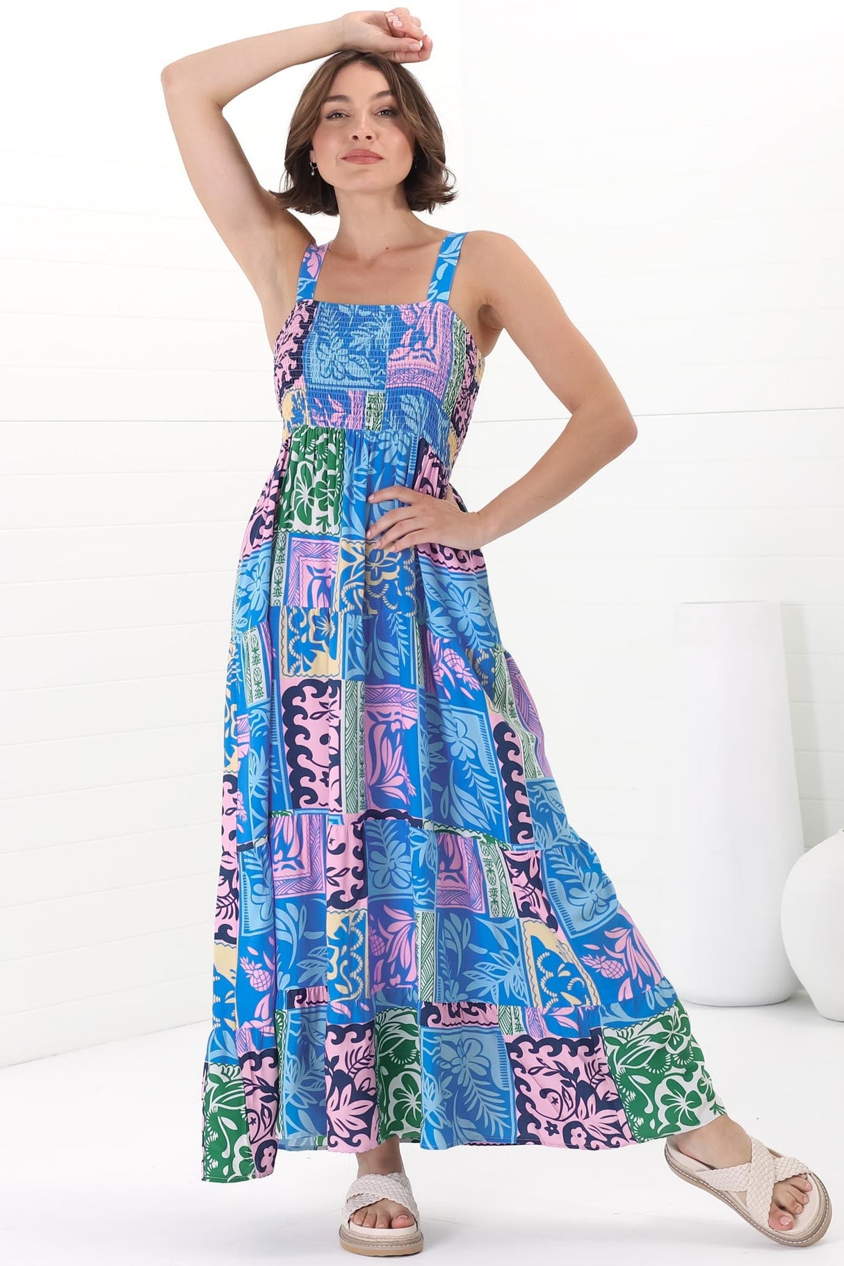 Loretta Maxi Dress - Elasticated Bodice Sun Dress in Kaleah Print Blue