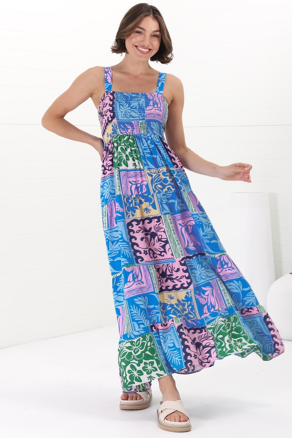 Loretta Maxi Dress - Elasticated Bodice Sun Dress in Kaleah Print Blue