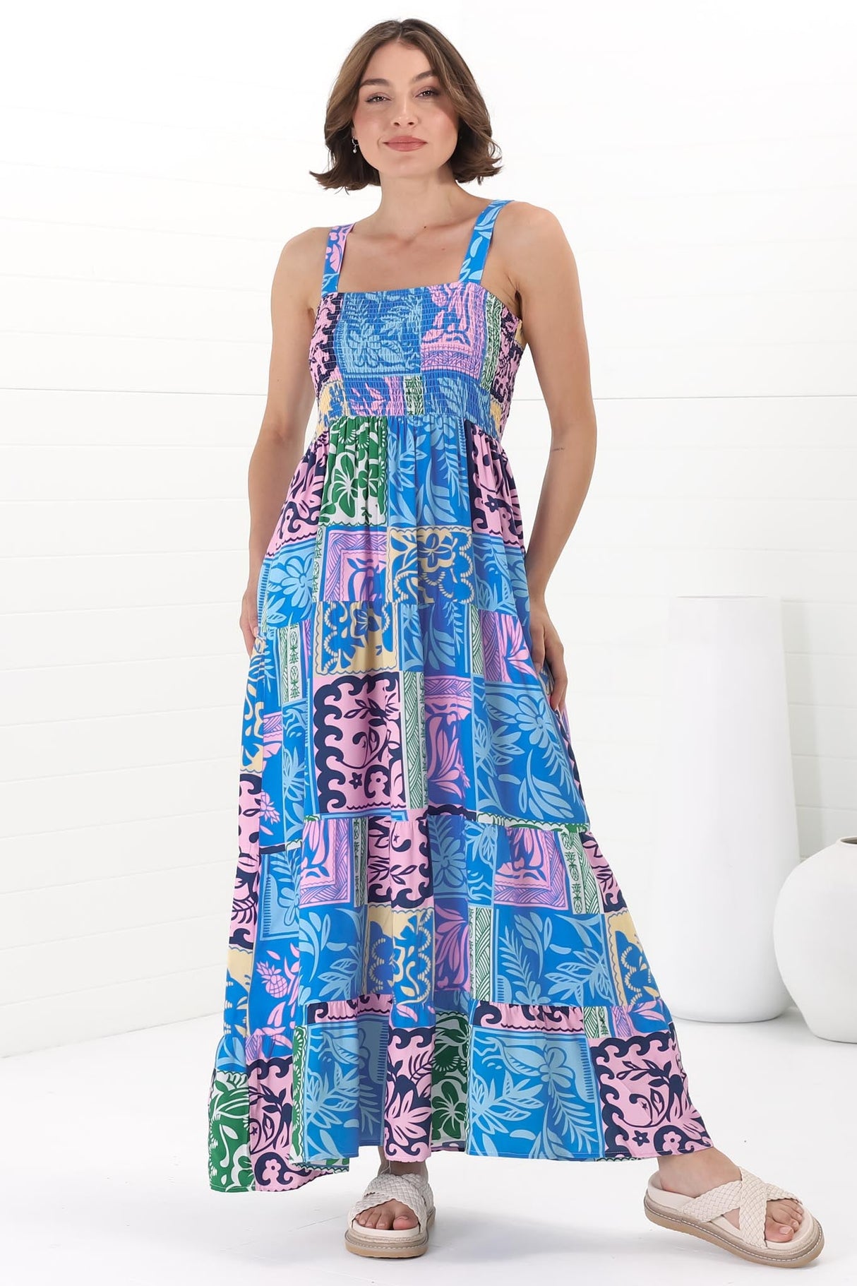 Loretta Maxi Dress - Elasticated Bodice Sun Dress in Kaleah Print Blue