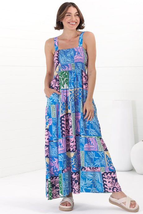 Loretta Maxi Dress - Elasticated Bodice Sun Dress in Kaleah Print Blue