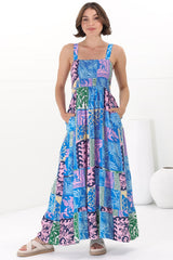 Loretta Maxi Dress - Elasticated Bodice Sun Dress in Kaleah Print Blue