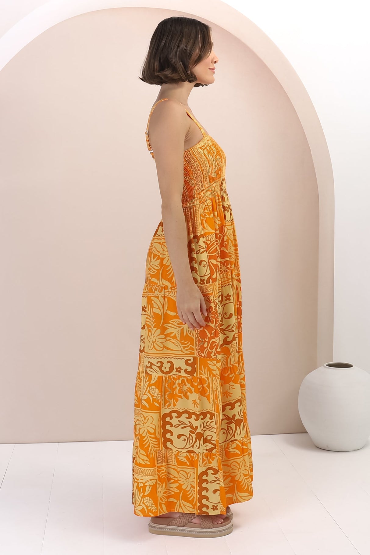 Loretta Maxi Dress - Elasticated Bodice Sun Dress in Kaleah Print Yellow