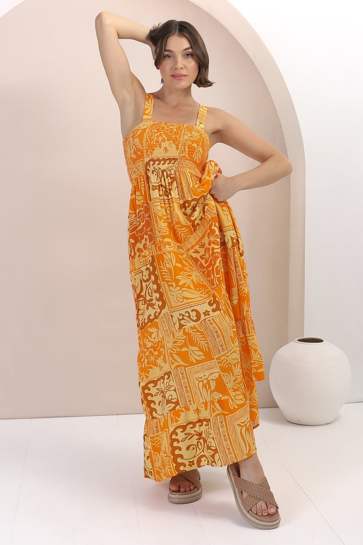 Loretta Maxi Dress - Elasticated Bodice Sun Dress in Kaleah Print Yellow