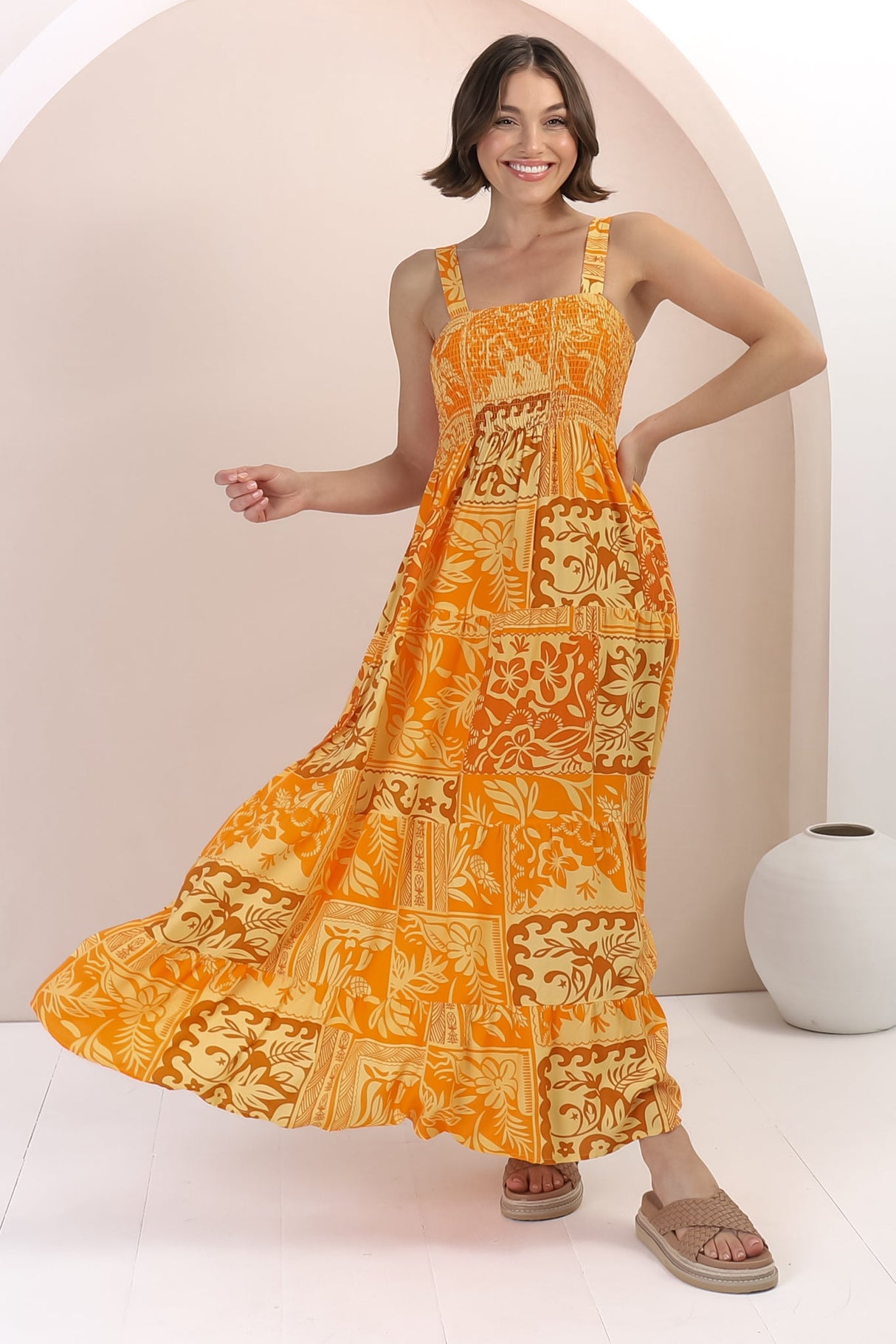 Loretta Maxi Dress - Elasticated Bodice Sun Dress in Kaleah Print Yellow