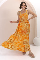 Loretta Maxi Dress - Elasticated Bodice Sun Dress in Kaleah Print Yellow