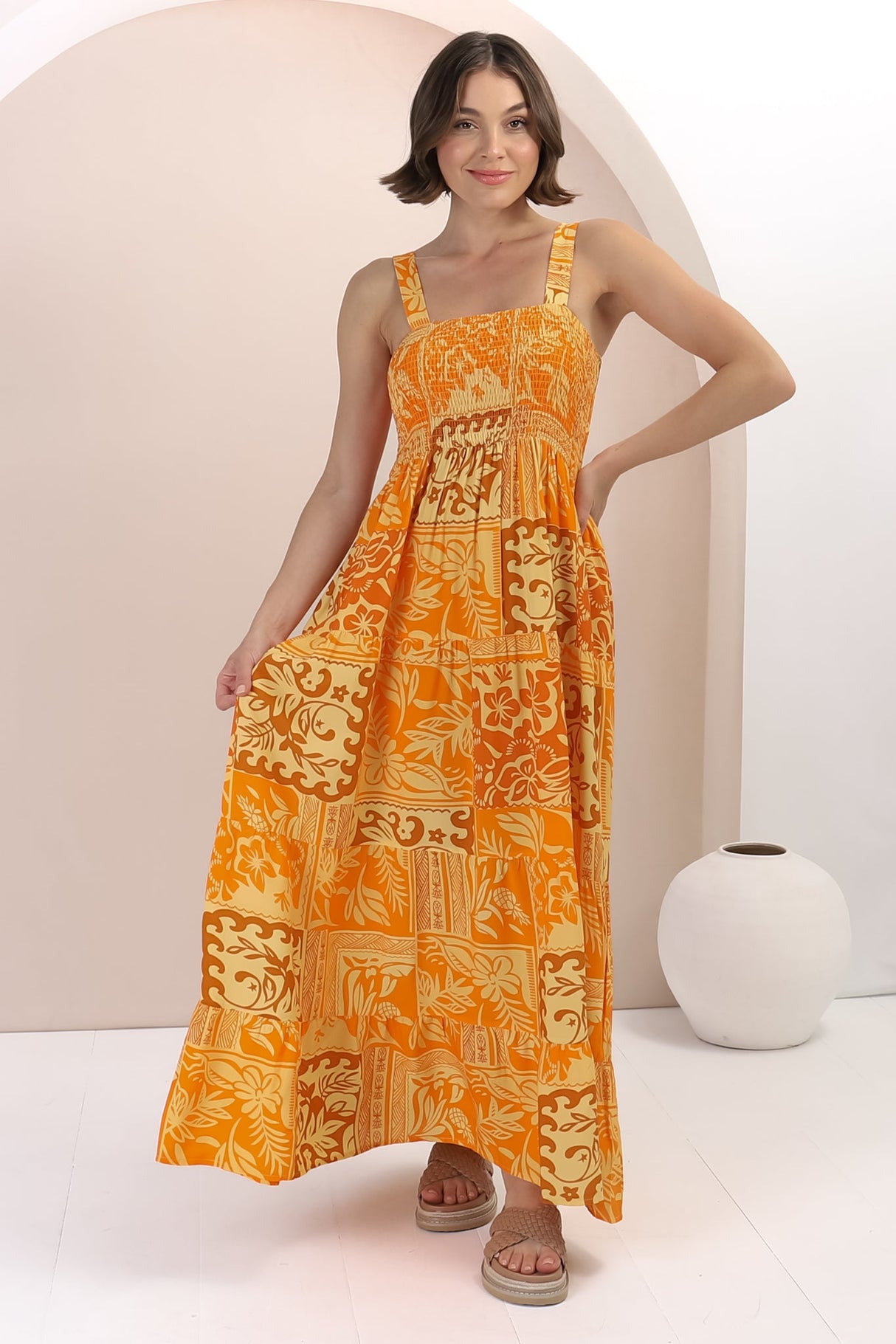 Loretta Maxi Dress - Elasticated Bodice Sun Dress in Kaleah Print Yellow