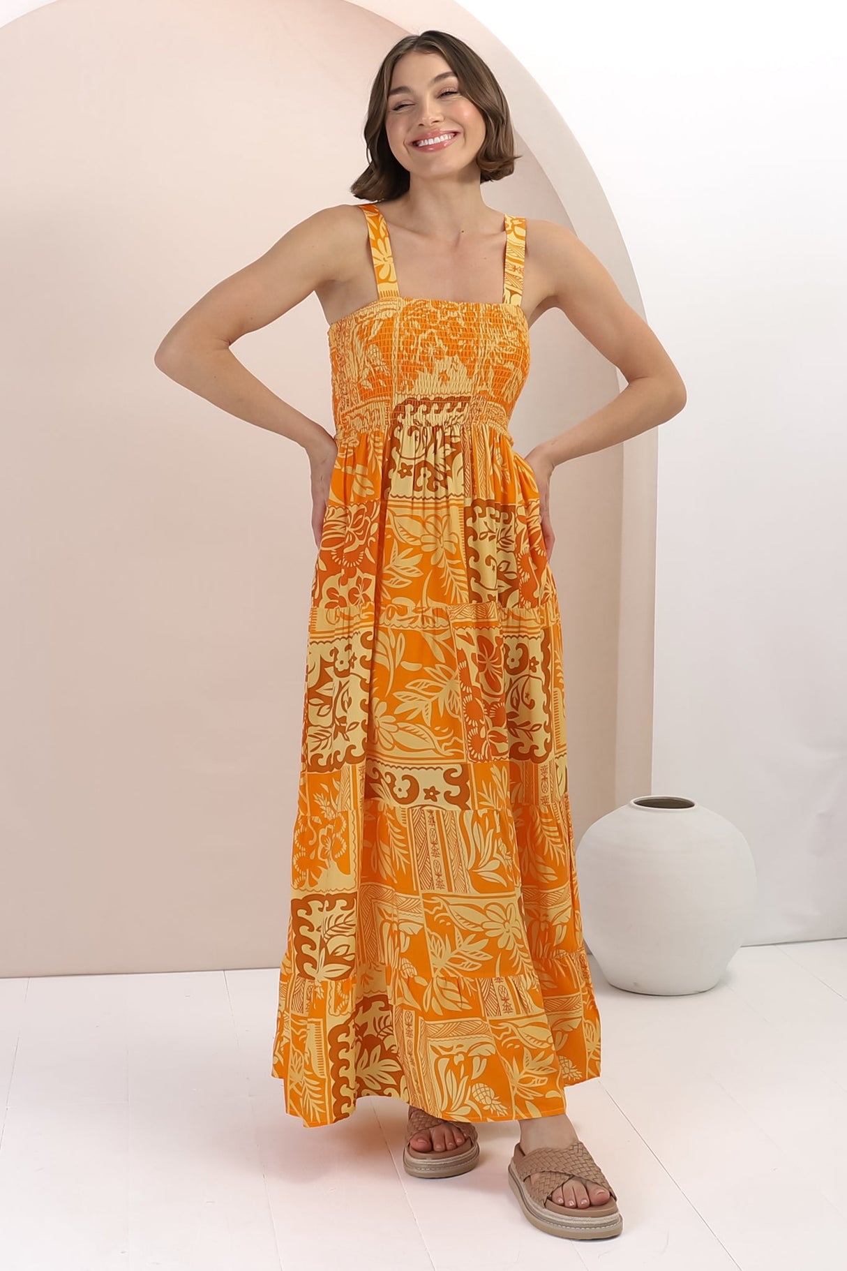 Loretta Maxi Dress - Elasticated Bodice Sun Dress in Kaleah Print Yellow