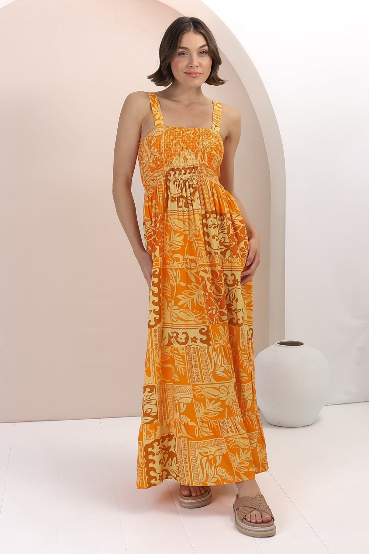 Loretta Maxi Dress - Elasticated Bodice Sun Dress in Kaleah Print Yellow