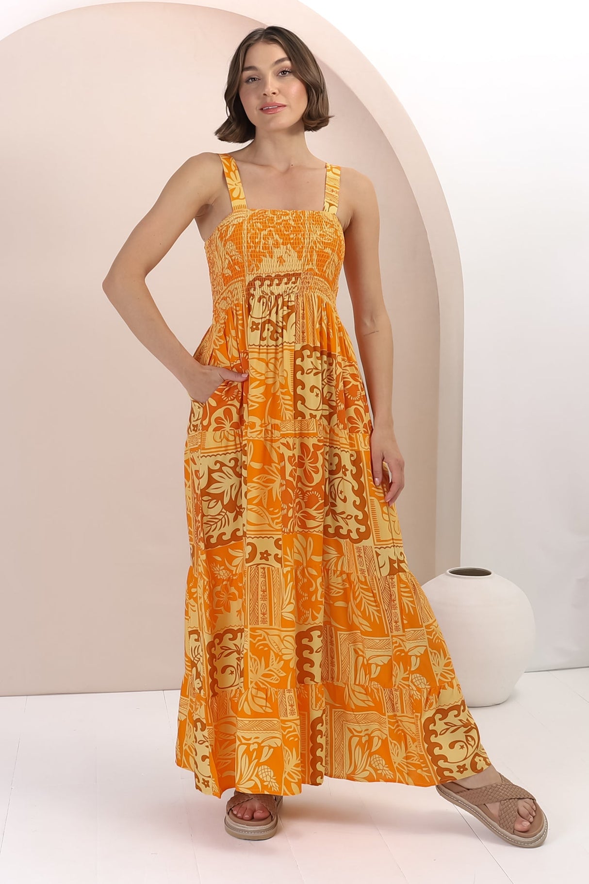 Loretta Maxi Dress - Elasticated Bodice Sun Dress in Kaleah Print Yellow