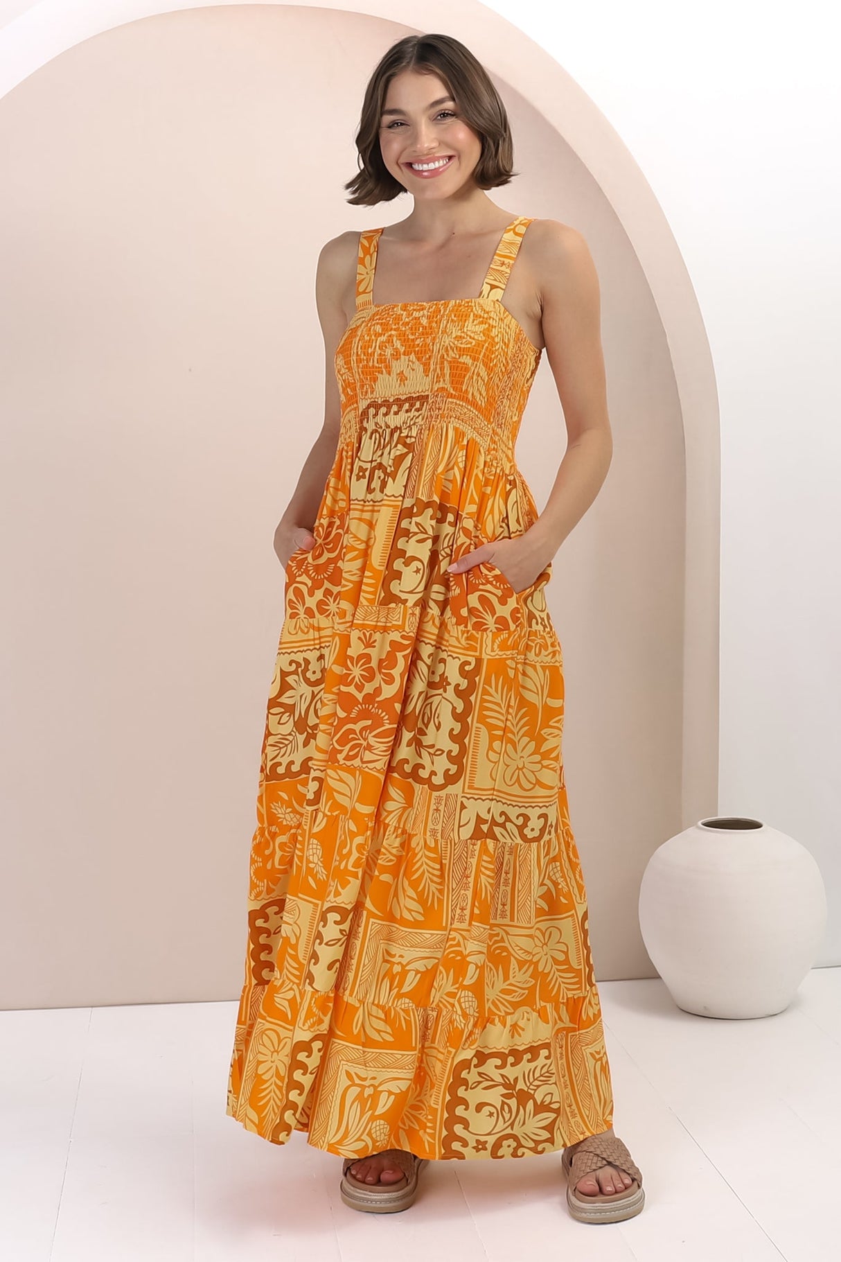 Loretta Maxi Dress - Elasticated Bodice Sun Dress in Kaleah Print Yellow