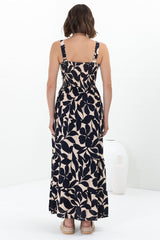 Loretta Maxi Dress - Elasticated Bodice Sun Dress in Kiera Print Navy