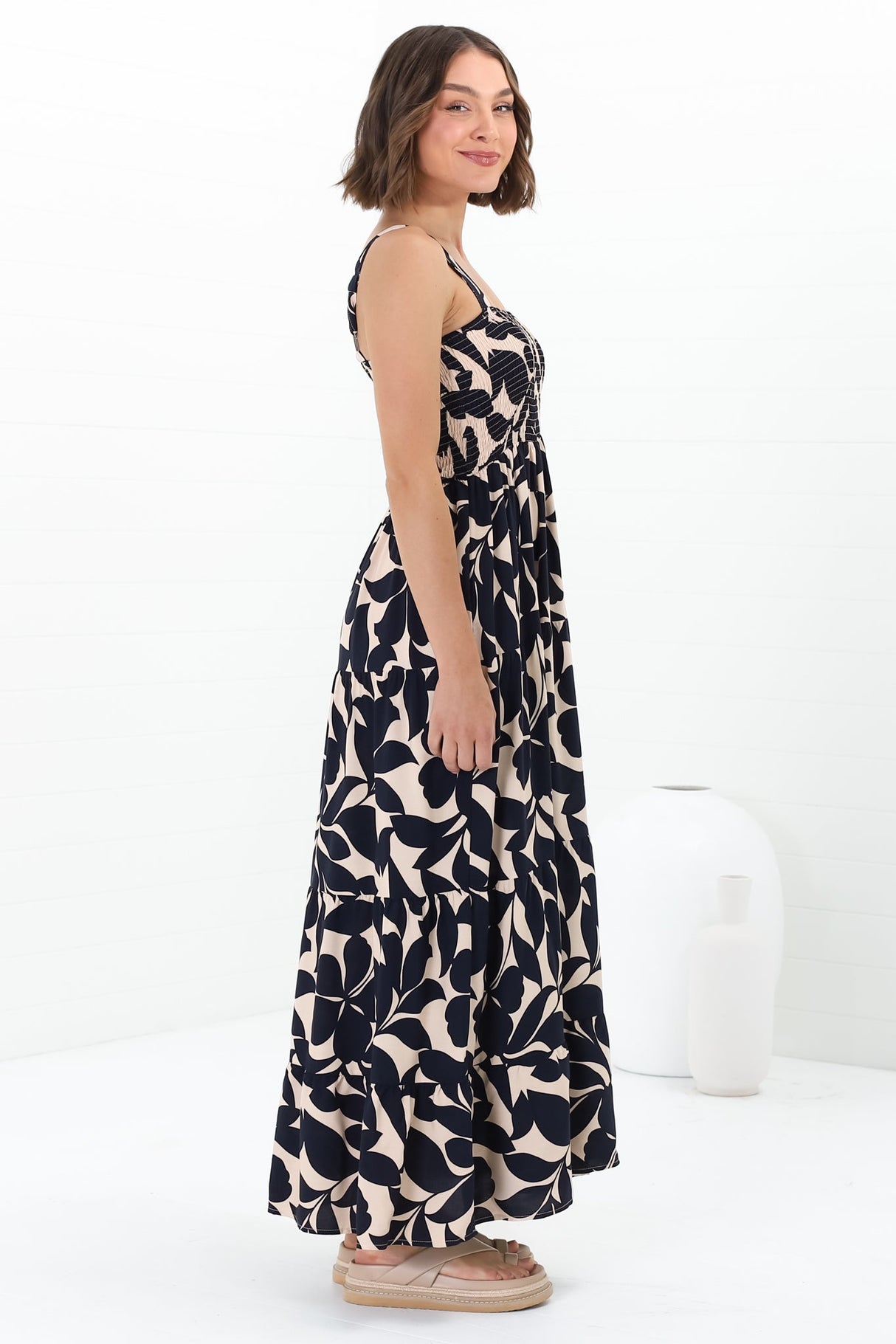 Loretta Maxi Dress - Elasticated Bodice Sun Dress in Kiera Print Navy