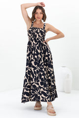 Loretta Maxi Dress - Elasticated Bodice Sun Dress in Kiera Print Navy