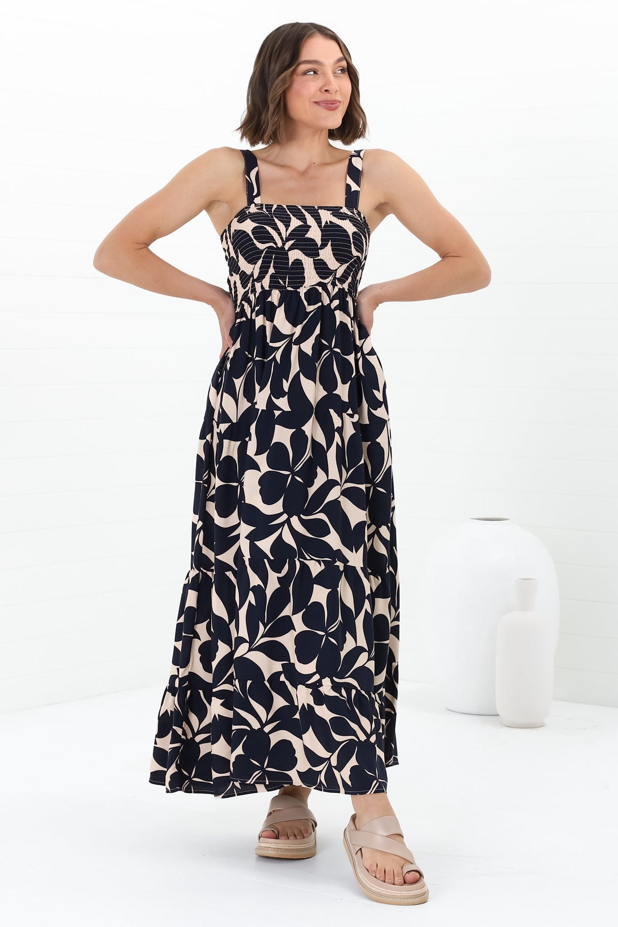 Loretta Maxi Dress - Elasticated Bodice Sun Dress in Kiera Print Navy