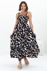 Loretta Maxi Dress - Elasticated Bodice Sun Dress in Kiera Print Navy