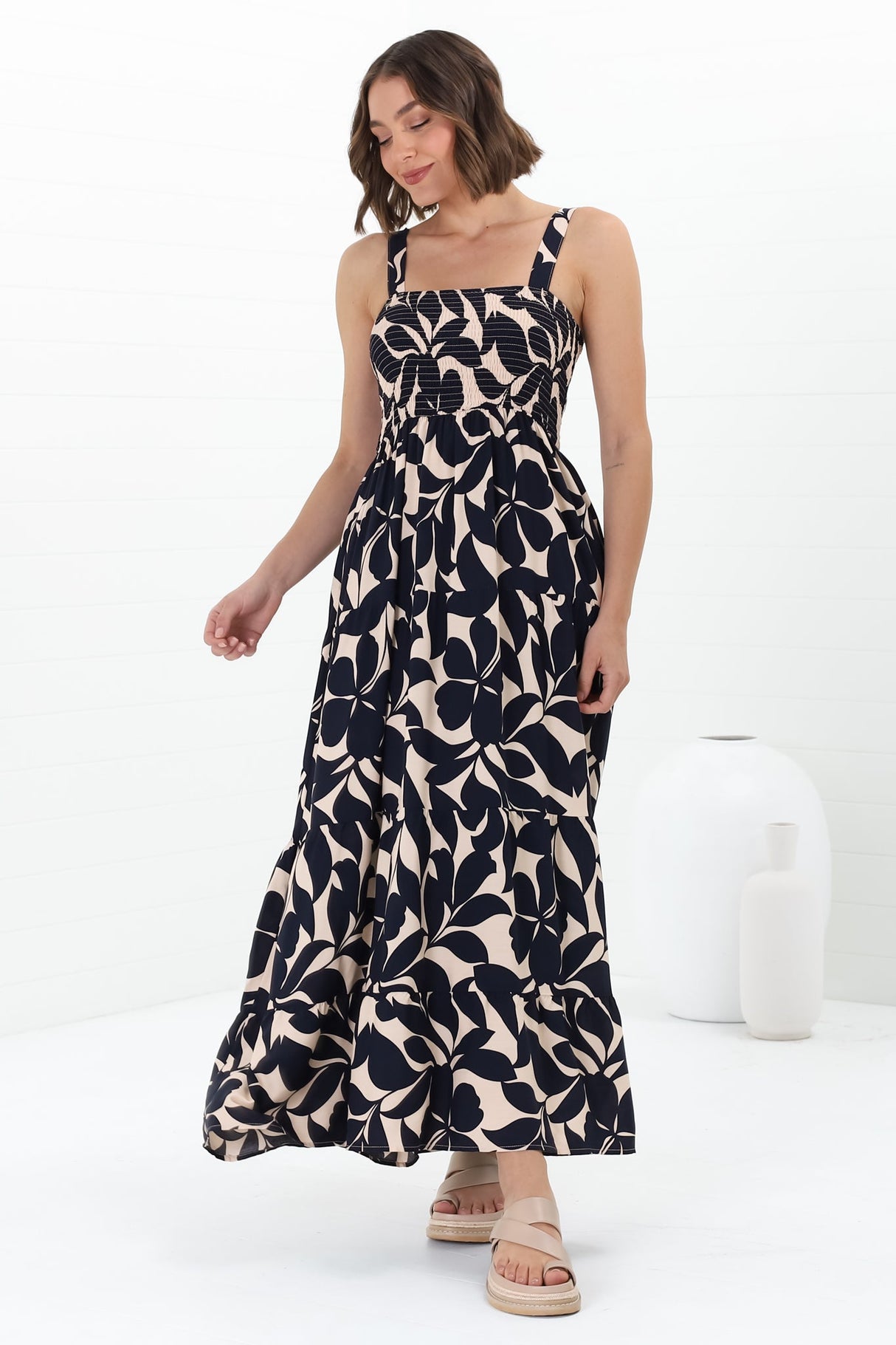 Loretta Maxi Dress - Elasticated Bodice Sun Dress in Kiera Print Navy