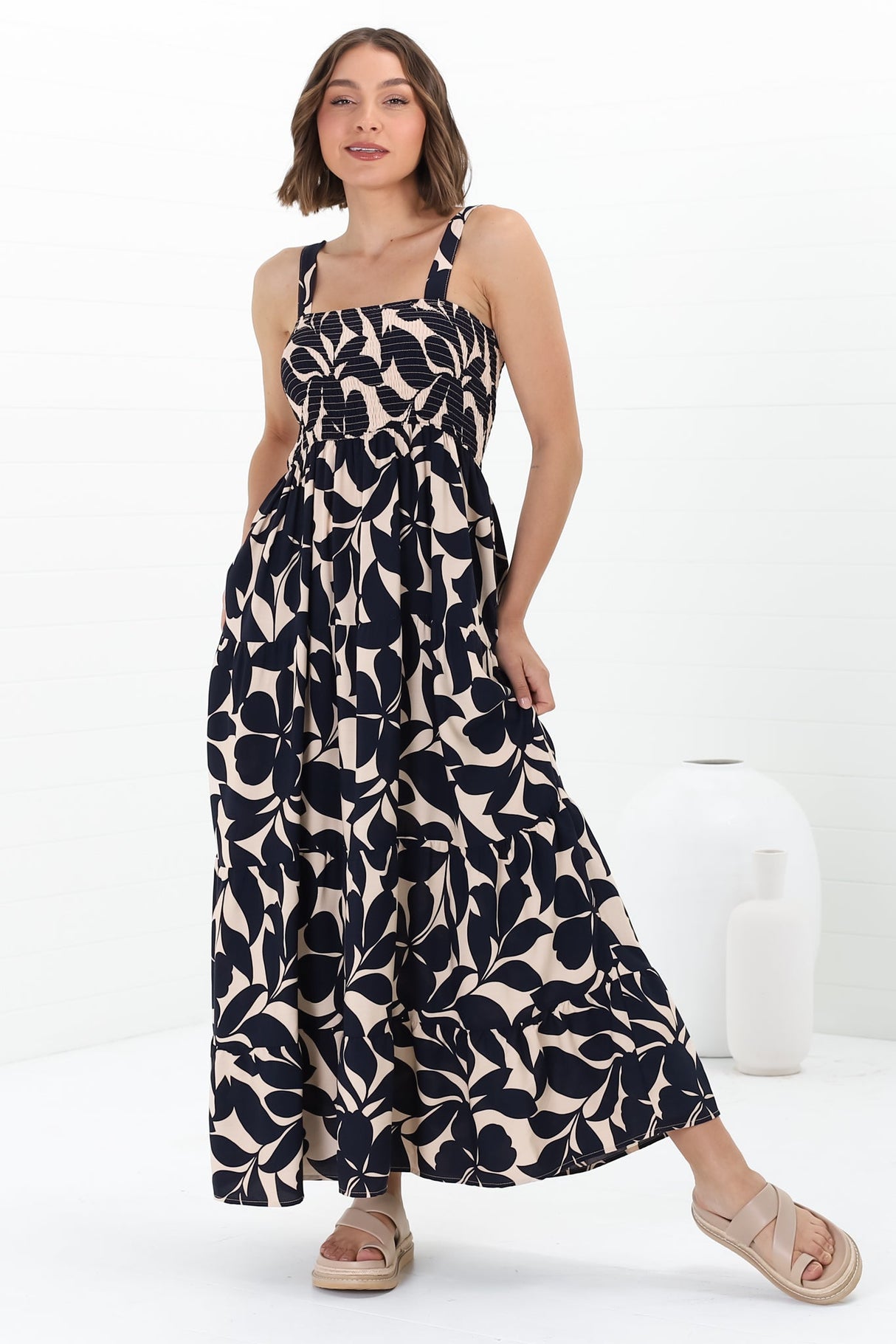 Loretta Maxi Dress - Elasticated Bodice Sun Dress in Kiera Print Navy