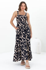 Loretta Maxi Dress - Elasticated Bodice Sun Dress in Kiera Print Navy