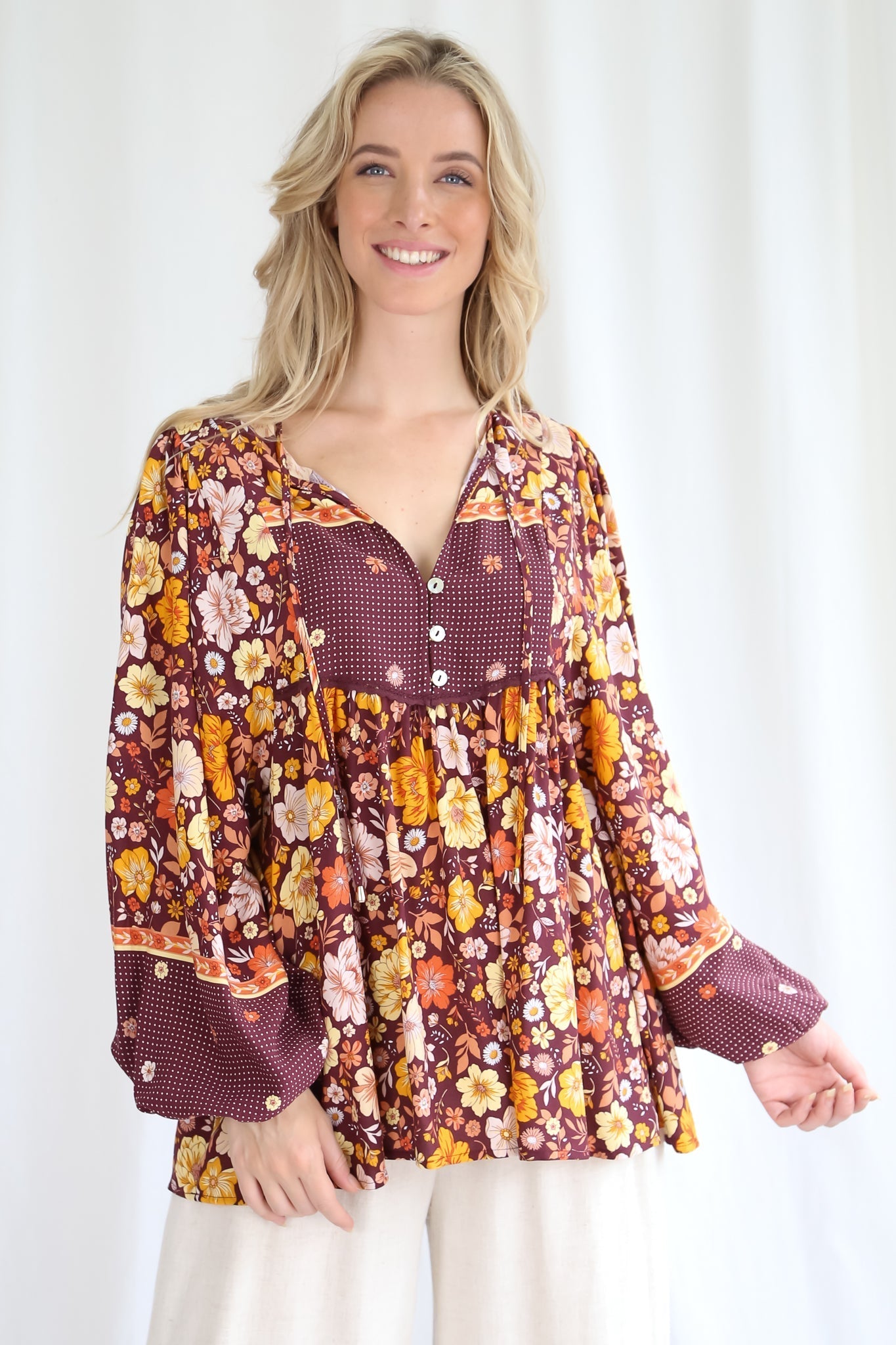 Loribel Blouse - V Neck Smock Top With Long Balloon Sleeves In Floral Print