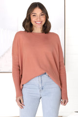 Lorna Jumper - Crew Neck Batwing Sleeve Jumper with Buttons in Peach