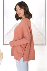 Lorna Jumper - Crew Neck Batwing Sleeve Jumper with Buttons in Peach