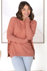 Lorna Jumper - Crew Neck Batwing Sleeve Jumper with Buttons in Peach