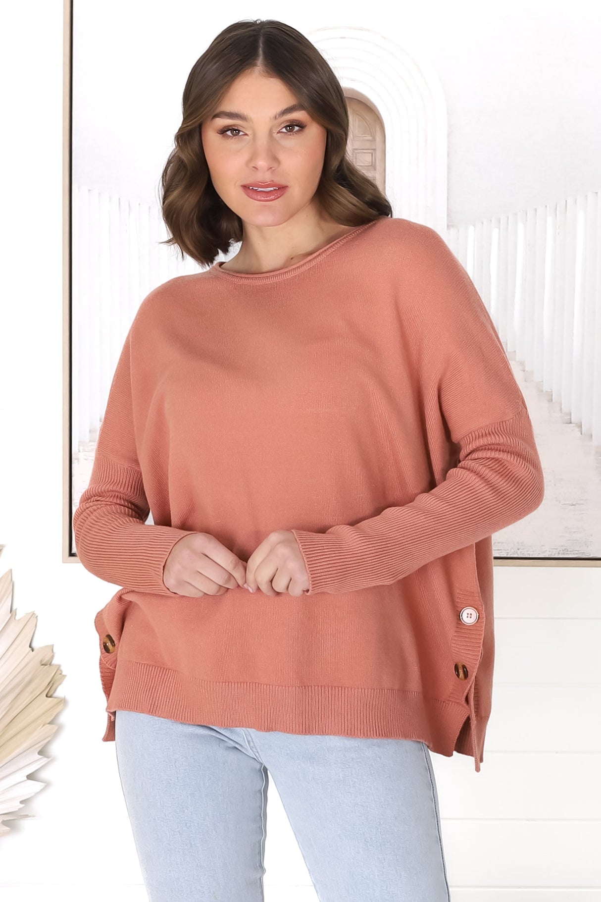 Lorna Jumper - Crew Neck Batwing Sleeve Jumper with Buttons in Peach