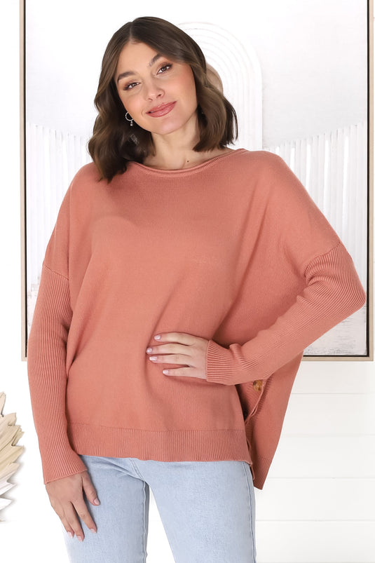 Lorna Jumper - Crew Neck Batwing Sleeve Jumper with Buttons in Peach