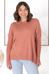 Lorna Jumper - Crew Neck Batwing Sleeve Jumper with Buttons in Peach