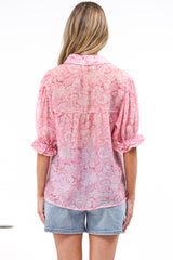 Lottie Blouse - Collared Button Down with Lace Trims and Puff Sleeves in Rosewater Dreams Print