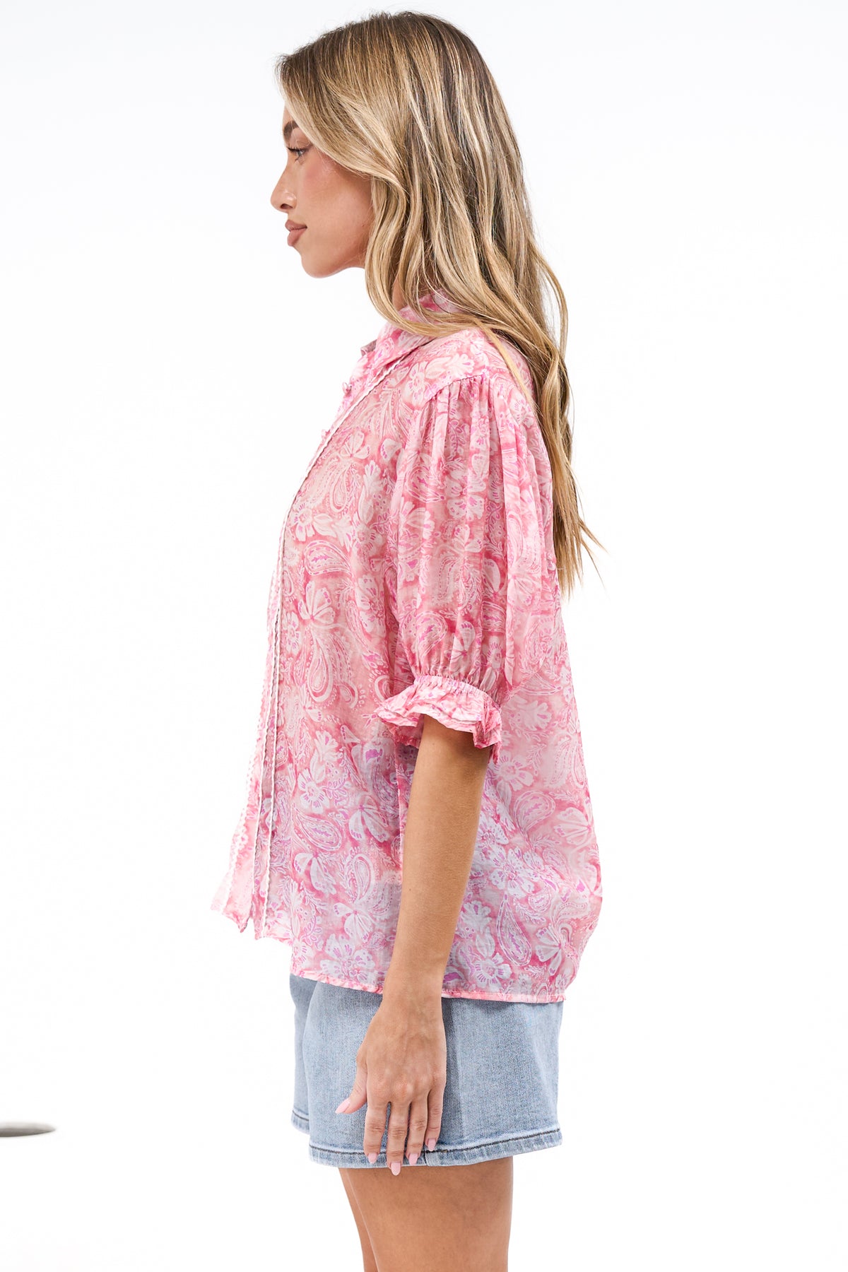 Lottie Blouse - Collared Button Down with Lace Trims and Puff Sleeves in Rosewater Dreams Print
