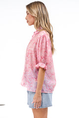Lottie Blouse - Collared Button Down with Lace Trims and Puff Sleeves in Rosewater Dreams Print