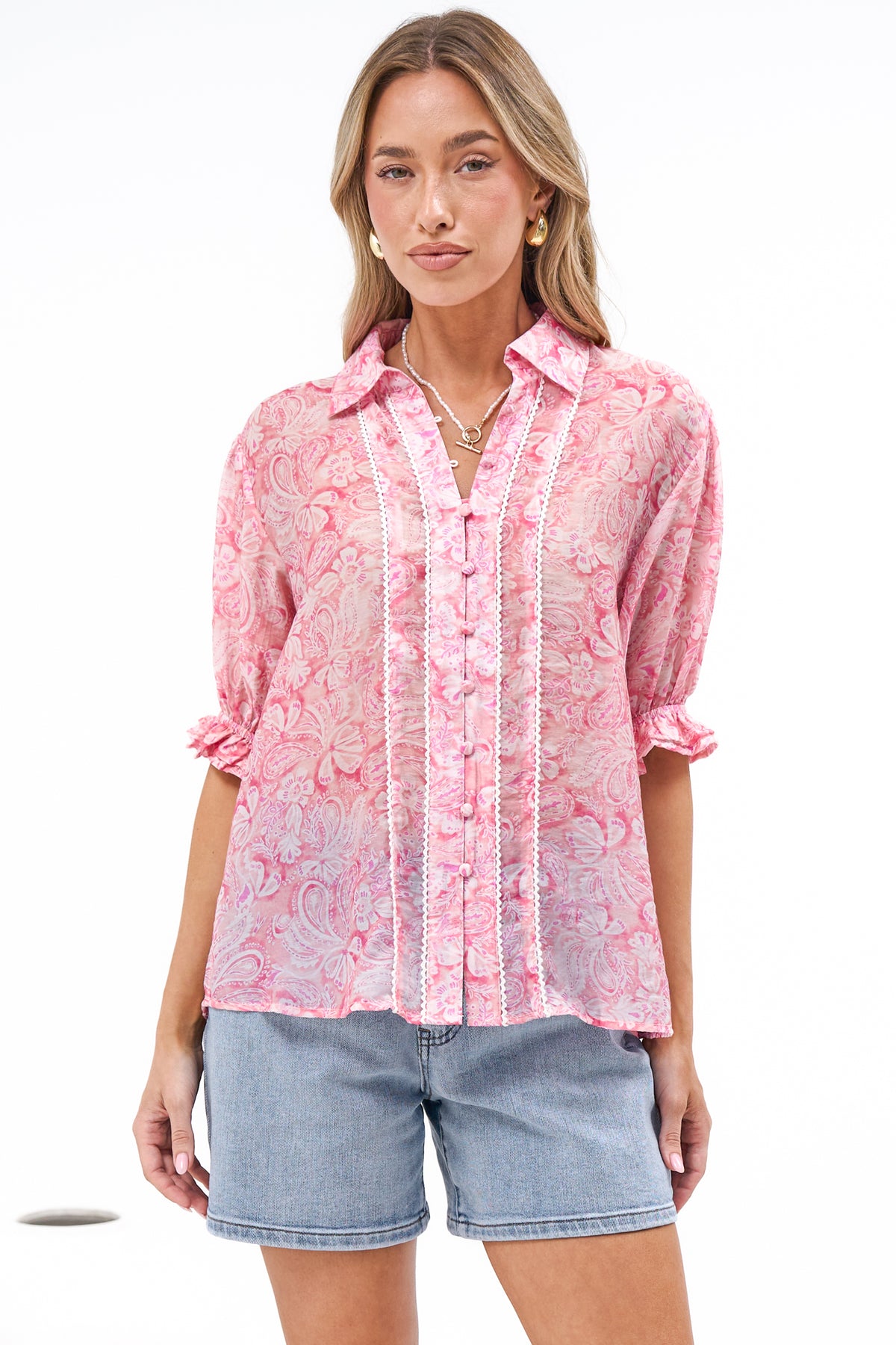 Lottie Blouse - Collared Button Down with Lace Trims and Puff Sleeves in Rosewater Dreams Print