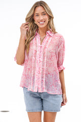 Lottie Blouse - Collared Button Down with Lace Trims and Puff Sleeves in Rosewater Dreams Print