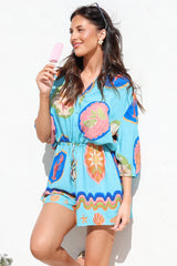 Loula Playsuit - Collared Buttoned Bodice Playsuit with Drawstring Waist in Boardwalk Print