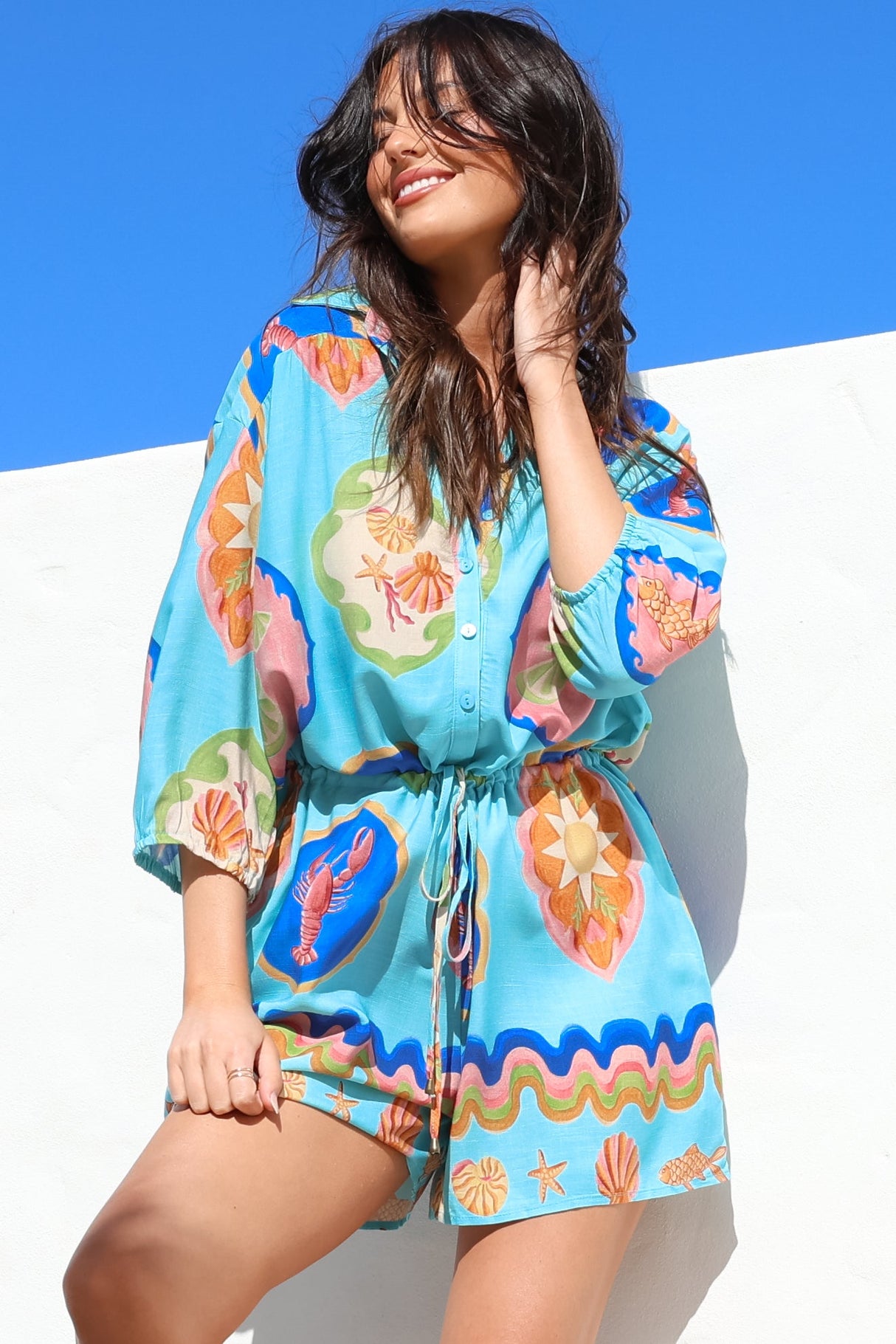 Loula Playsuit - Collared Buttoned Bodice Playsuit with Drawstring Waist in Boardwalk Print