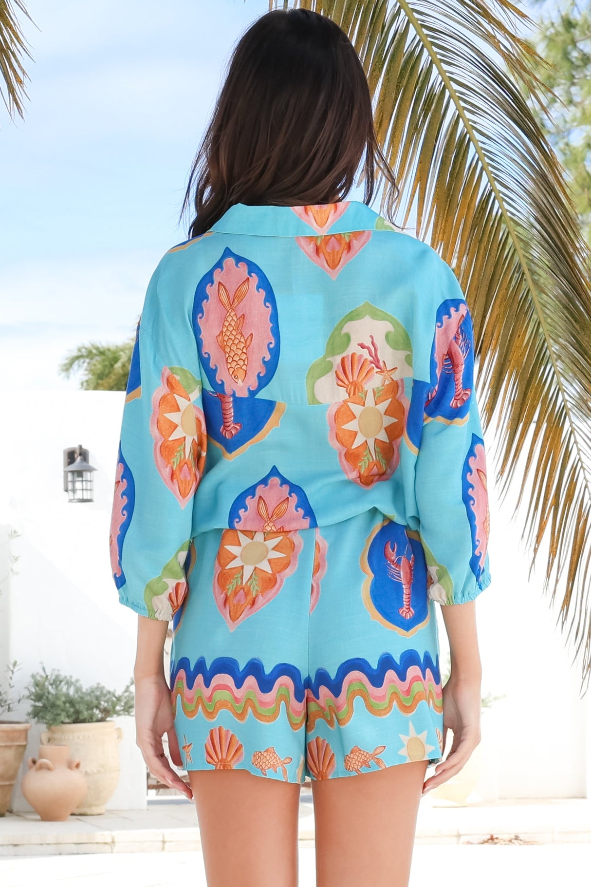 Loula Playsuit - Collared Buttoned Bodice Playsuit with Drawstring Waist in Boardwalk Print
